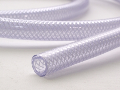 Click to enlarge - Clear braided PVC hose reinforced with a polyester fibre. Safety ratio 3:1. Can also be supplied in compound that meets the requirement of S.I. 1927. Braid angle is laid down at 54° - 44’, providing optimum performance.